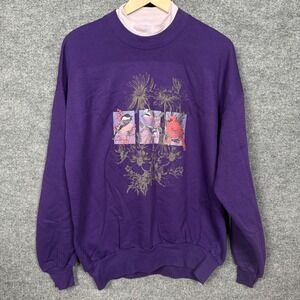 Vintage‎ Jerzees XL Sweatshirt Purple Mock Neck Birds Bluejay Cardinal Chickabee